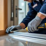 le serrurier technicien installe des cornières anti-pinces sur votre huisserie pour renforcer la sécurité de vos portes et prévenir les effractions.