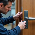 le serrurier ajuste avec précision les points de fermeture du bloc-porte pour garantir sécurité et facilité d'ouverture.