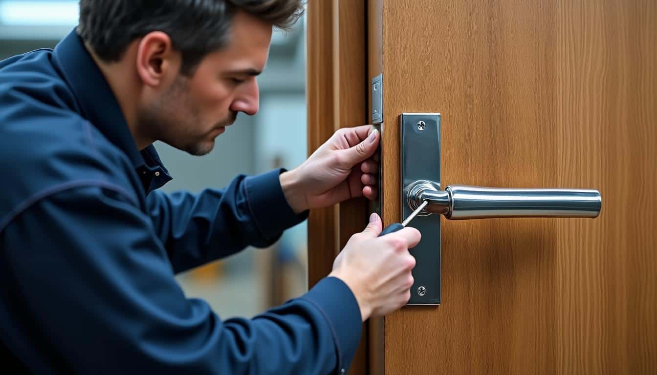 le serrurier ajuste avec précision les points de fermeture du bloc-porte pour garantir sécurité et facilité d'ouverture.