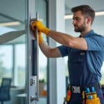découvrez comment un serrurier ajuste précisément le ferme-porte hydraulique des bureaux pour assurer une fermeture douce et sécurisée des portes.
