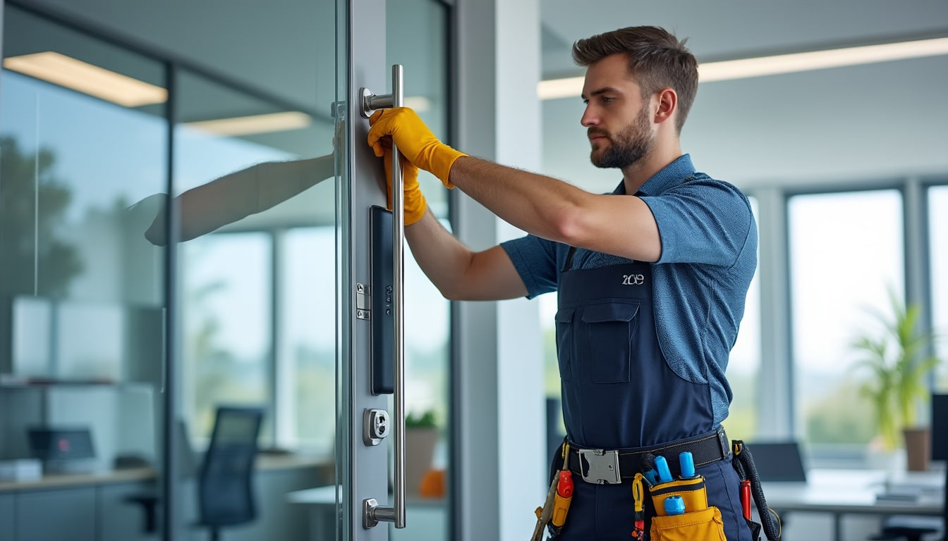 découvrez comment un serrurier ajuste précisément le ferme-porte hydraulique des bureaux pour assurer une fermeture douce et sécurisée des portes.